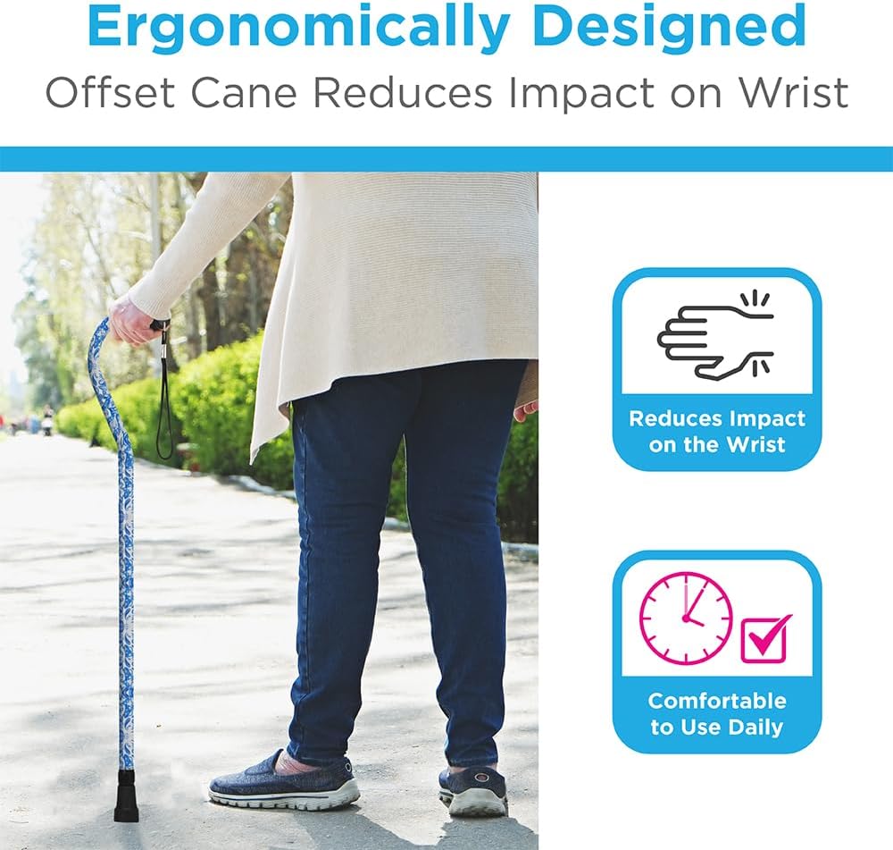 NOVA Designer Walking Cane with Offset Handle, Lightweight Adjustable Walking Stick with Carrying Strap, “Maui Flowers” Design