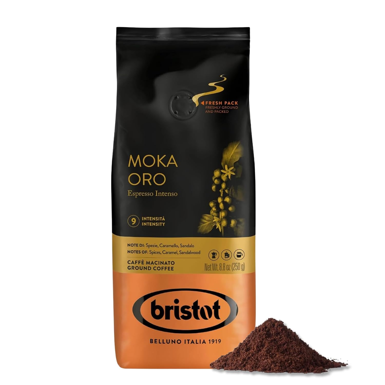 Bristot Espresso Cremoso Italiano Ground Coffee – Medium Roast, Rich & Smooth – 8.8oz (250g) Bag – Italian Ground Espresso for Home Machines