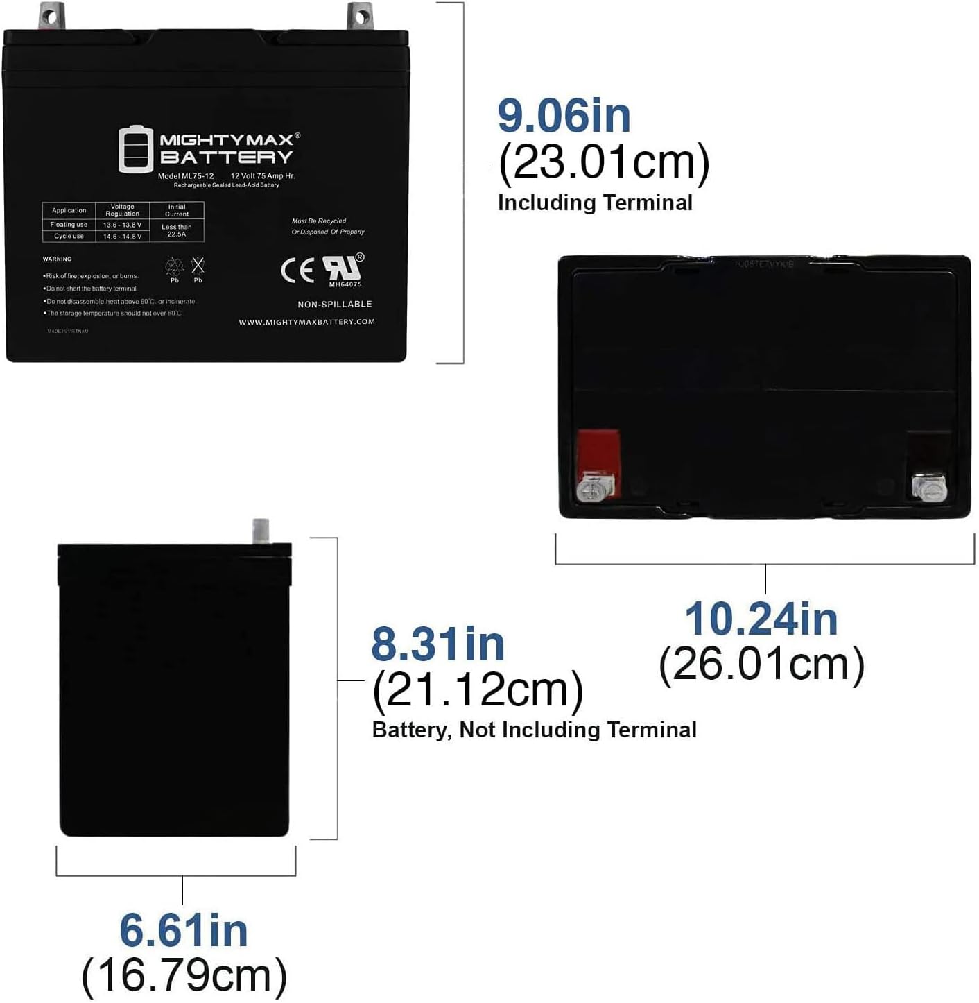 ML55-12 - 12 Volt 55 AH, Nut and Bolt (NB) Terminal, Rechargeable SLA AGM Battery