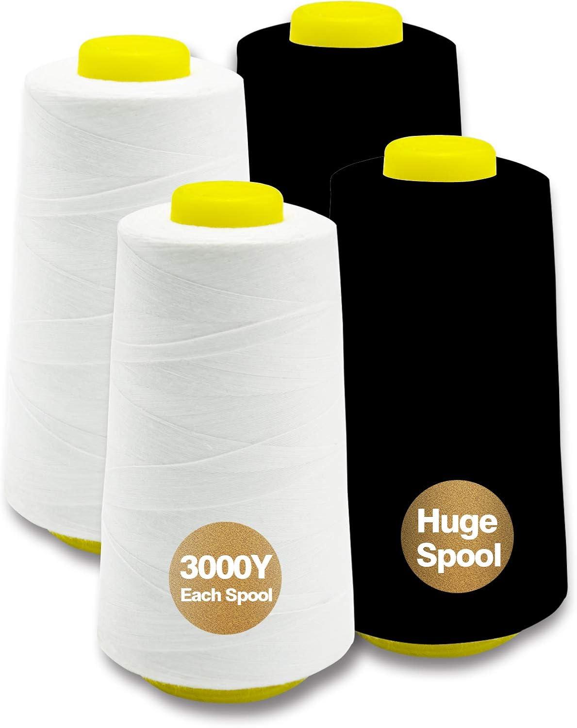 Black Serger Thread, All-Purpose Thread for Sewing, Polyester, 4 Cones of 3000 Yards Each Spool for Sewing Machine