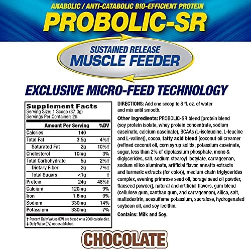 Maximum Human Performance Probolic-SR Sustained Release Protein Powder, 24g Protein, BCAAs, Glutamine, Arginine, Pre-Workout, Post-Workout