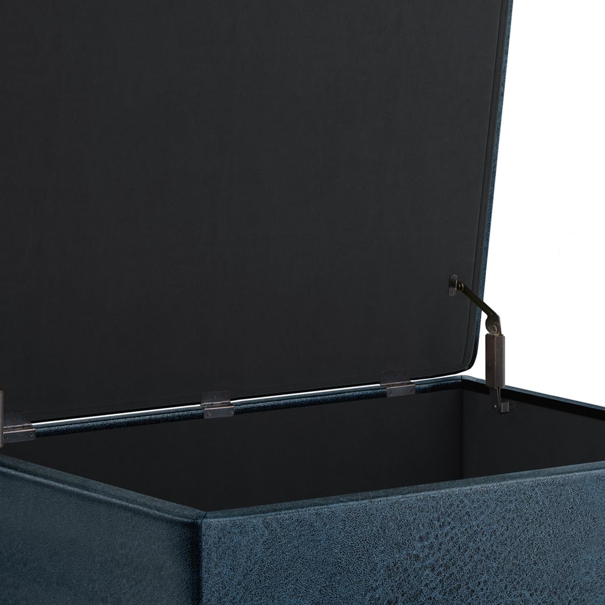 SIMPLIHOME Owen 34" Wide Vegan Leather Lift Top Ottoman in Dark Blue