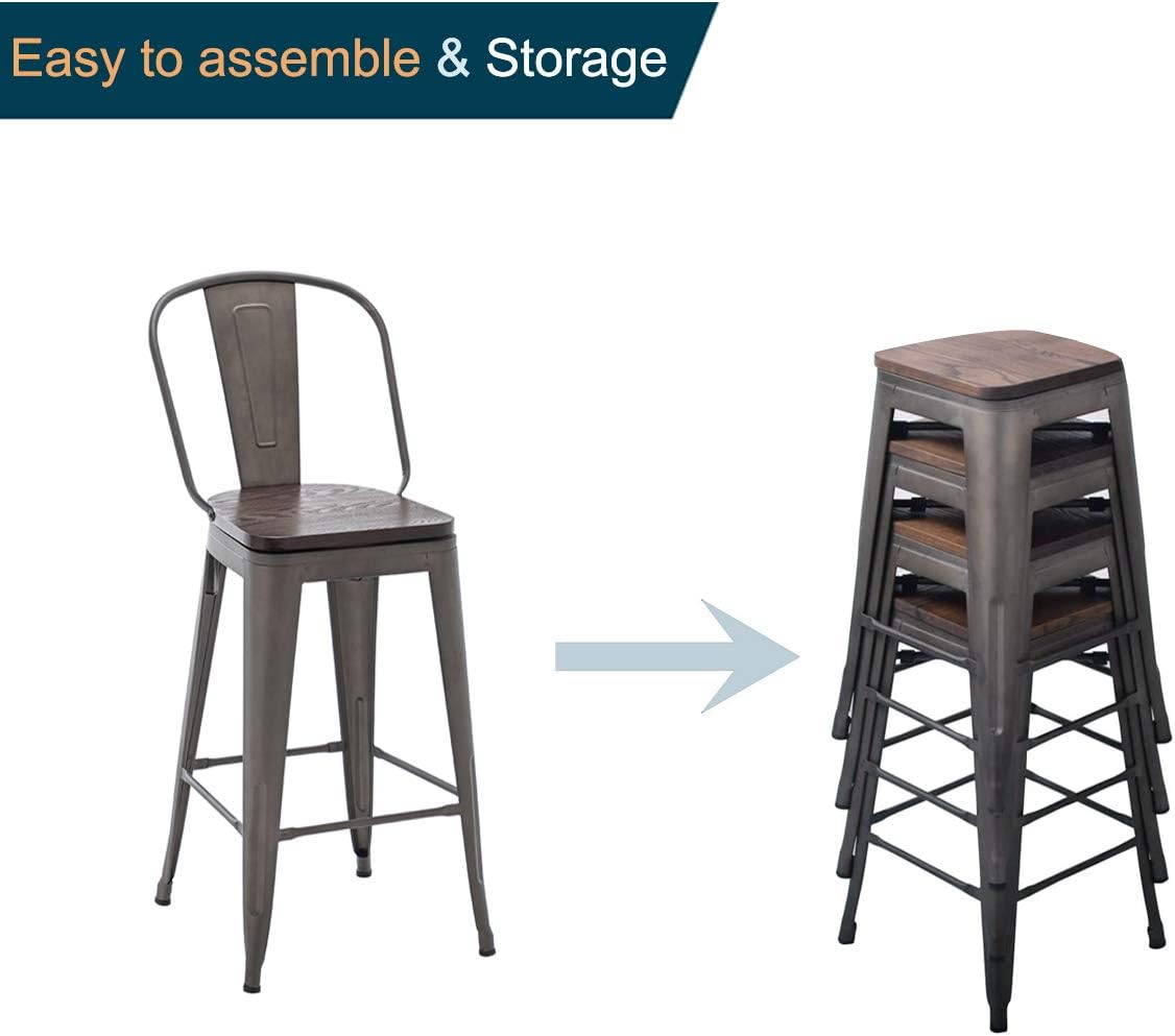 Alunaune 24" Swivel Metal Bar Stools Set of 4 High Back Counter Height Barstools Industrial Dining Bar Chairs with Large Wooden Seat-Matte Black
