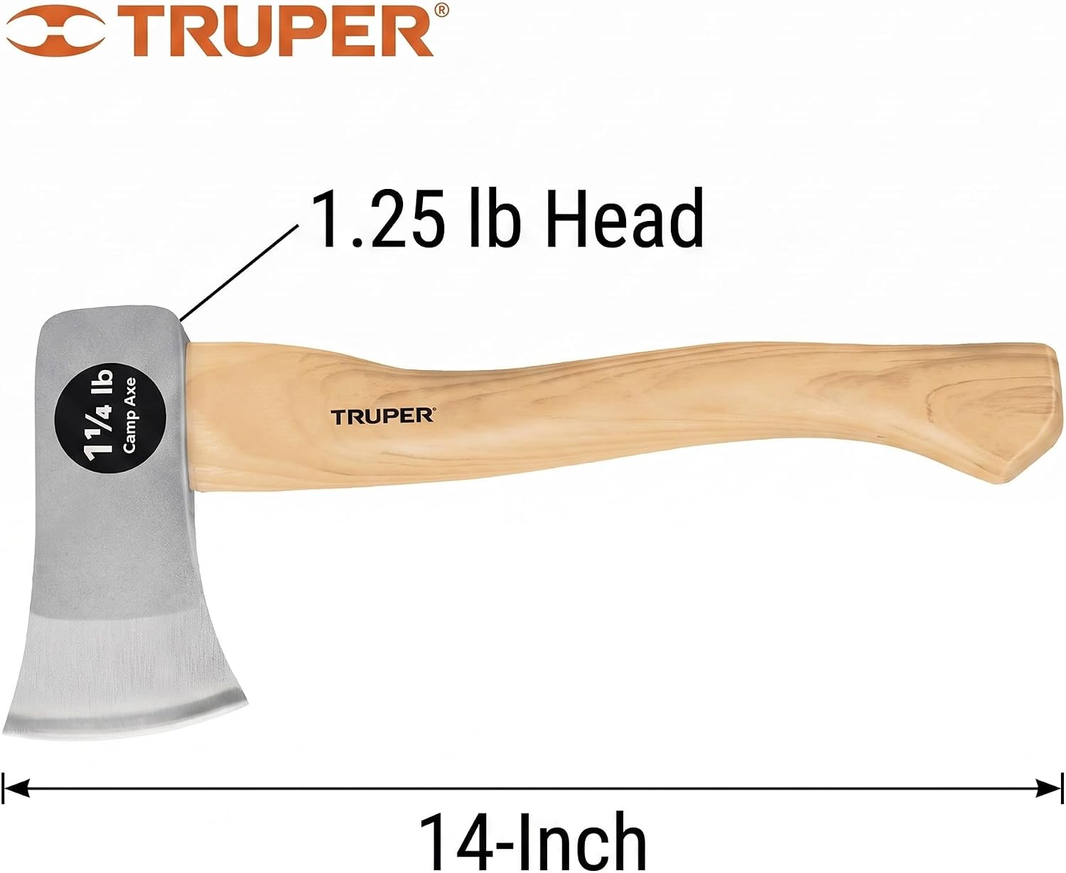 Truper 1.25 lb Camp Axe, 14-Inch American Hickory Wood Handle, Forged Steel Head, Compact Hatchet for Camping