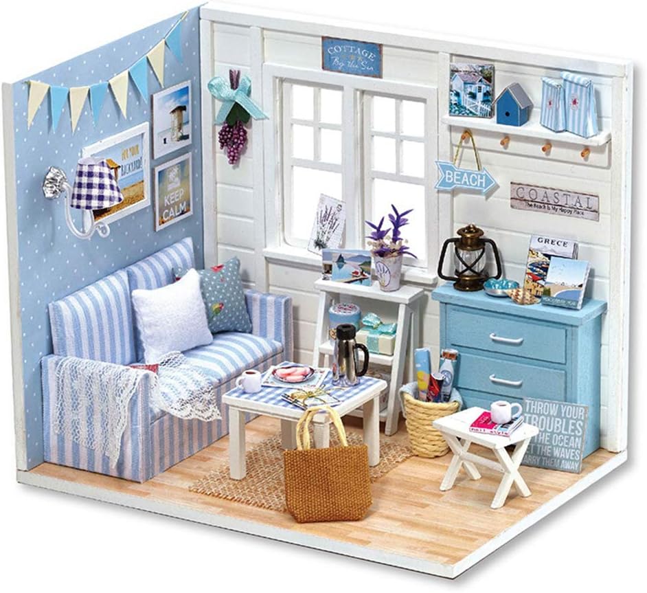 DIY Miniature Dollhouse Kit with Furniture Plus Dust Proof | 1:24 Scale Creative Room Mini Wooden Doll House Accessories for Kids Teens Adults Aged 14+(Beach Cottage)