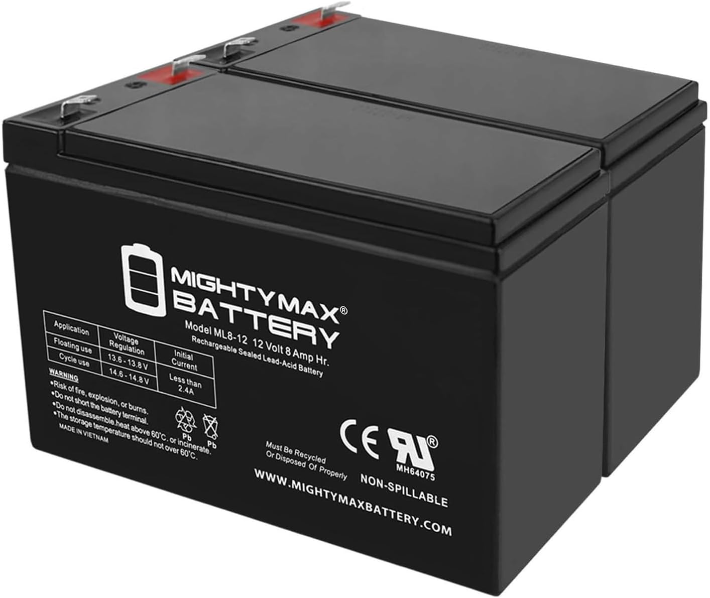 ML8-12 - 12 Volt 8 AH, F1 Terminal, Rechargeable SLA AGM Battery