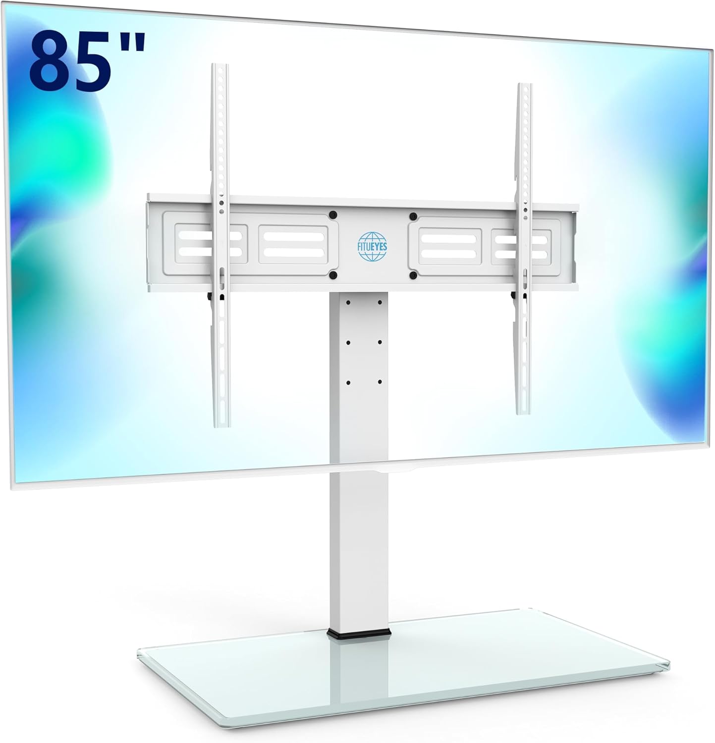 FITUEYES Universal TV Stand with Swivel Mount for 50-85 inch Flat Screens - Height Adjustable Tempered Glass Base Holds up to 143 lbs