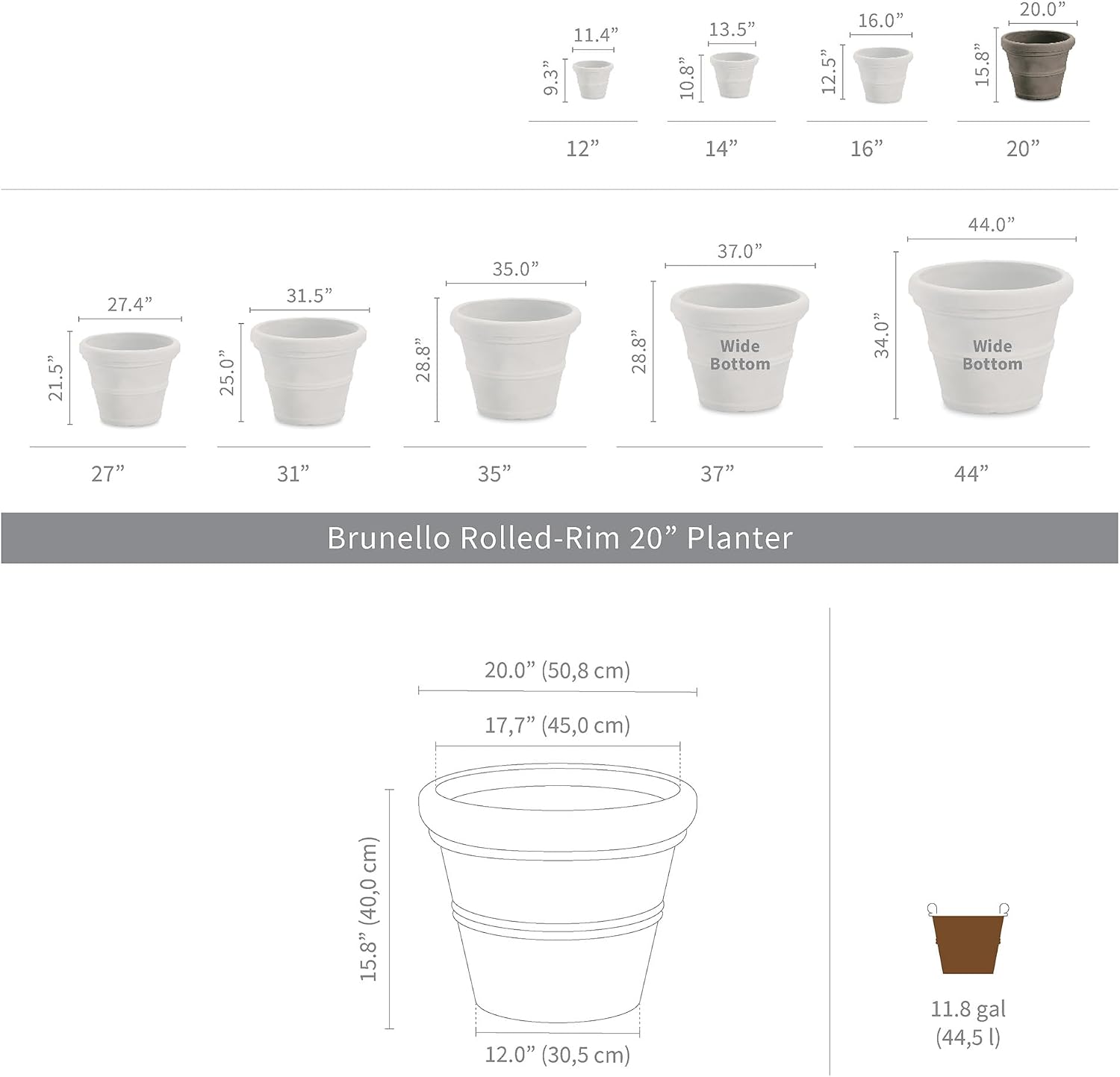 Crescent Garden Brunello Classic Gray Rolled Rim Planter Pot, Lightweight Indoor/Outdoor Weather-Safe Round Plant Pot, 27''W (Weathered Concrete)