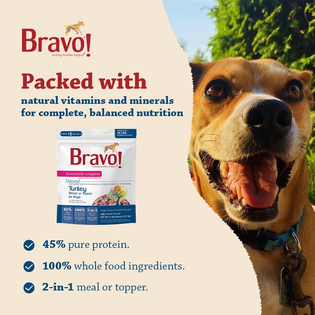 Bravo! Homestyle Complete Freeze Dried Raw Dog Food, Beef, 2 Pounds | Whole Food Ingredients, Rehydrate with Water for Up To 9 Pounds of Food, Use as Meal or Food Topper, Grain Free, Gluten Free