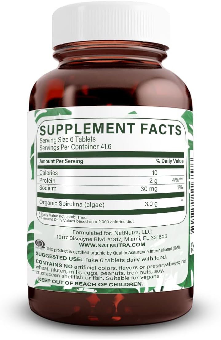 Natural Nutra 100% USDA Organic Spirulina Tablets, Helps Maintain Body Fats, Promotes Liver Health, Promotes Immune System, Helps Improve Metabolism