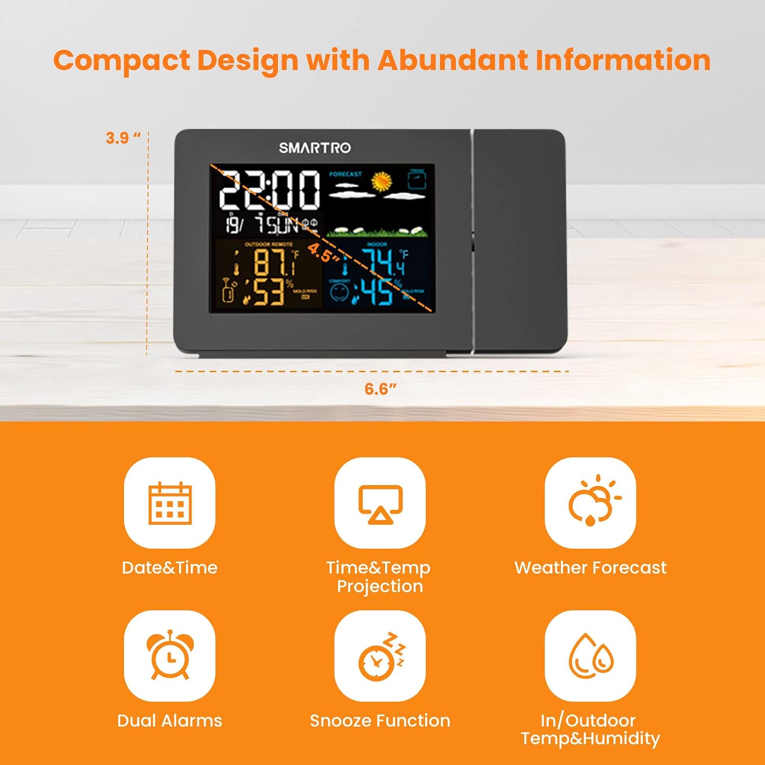 SC91 Projection Alarm Clock for Bedrooms with Weather Station | Wireless Indoor Outdoor Thermometer, Temperature Humidity Monitor Gauge Hygrometer