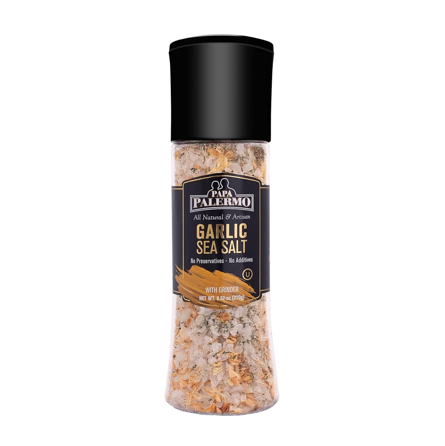 Papa Palermo Garlic Sea Salt Seasoning with Grinder, Kosher, All Natural, No Additives, 9.52 oz