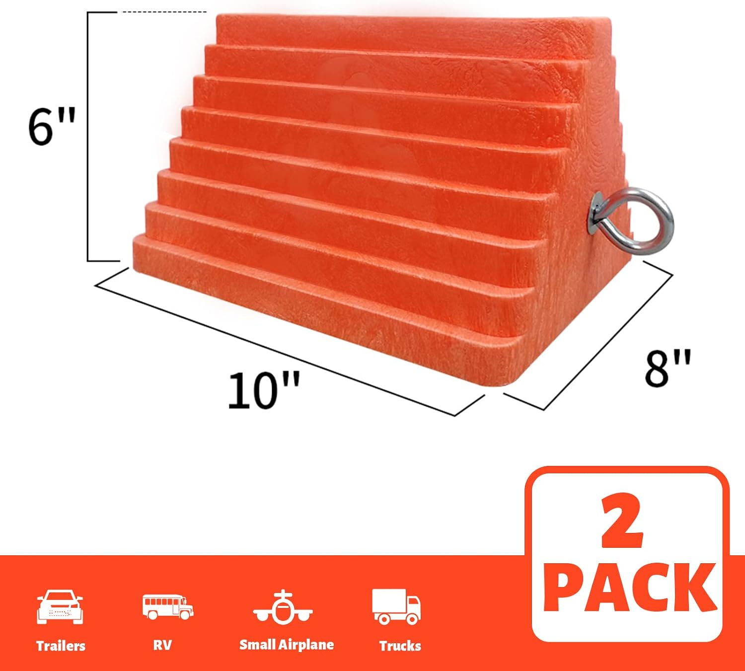 ROBLOCK 2 Pack Wheel Chocks Heavy Duty Orange with Eyebolt for Travel Trailer, 10" Length x 8" Width x 5.7" Height