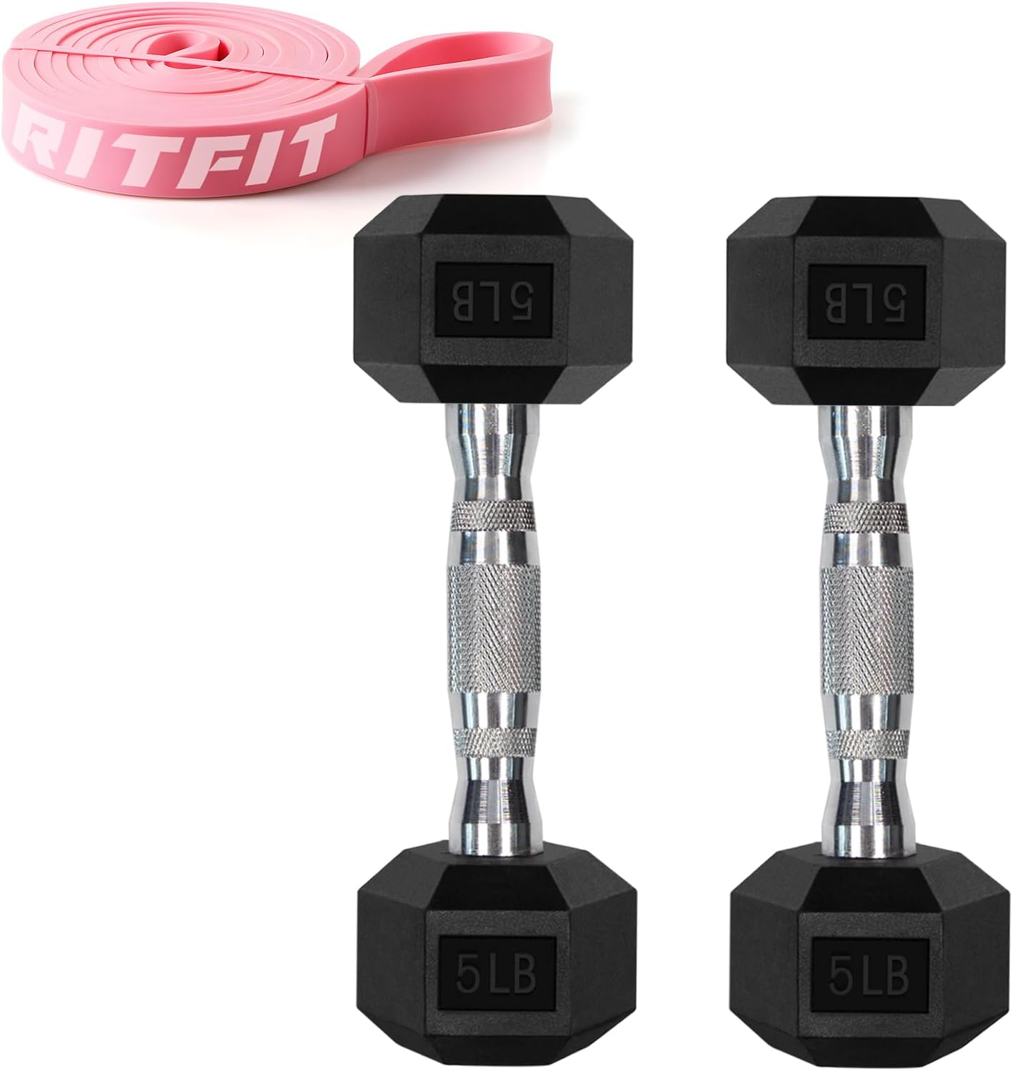 RitFit Rubber Coated Hex Dumbbell Weights Set for Home Gym | Cast Iron Core, Anti-Slip Knurled Chrome Handle, Hexagon Anti-Roll, Heavy-Duty Dumbbell Set for Strength Training