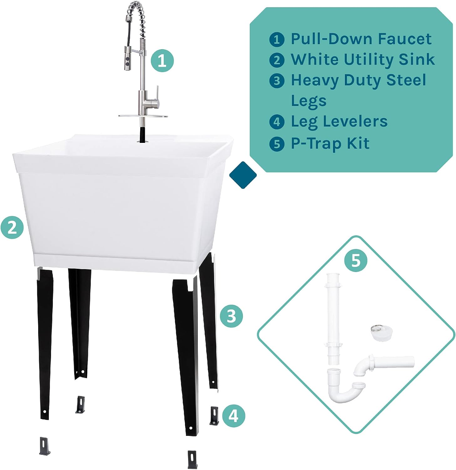Utility Sink Extra-Deep Laundry Tub in White with High-Arc Stainless Steel Coil Pull-Down Sprayer Faucet, Integrated Supply Lines, P-Trap Kit