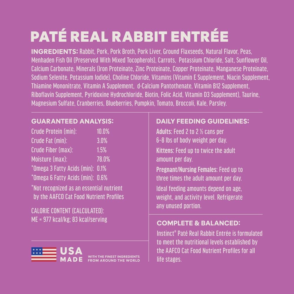 Instinct Original Grain Free Real Rabbit Recipe Natural Wet Canned Cat Food, 3 oz. Cans (Case of 24) | Rich & creamy pate texture, high protein, real rabbit, whole-food ingredients, grain-free, hydration support