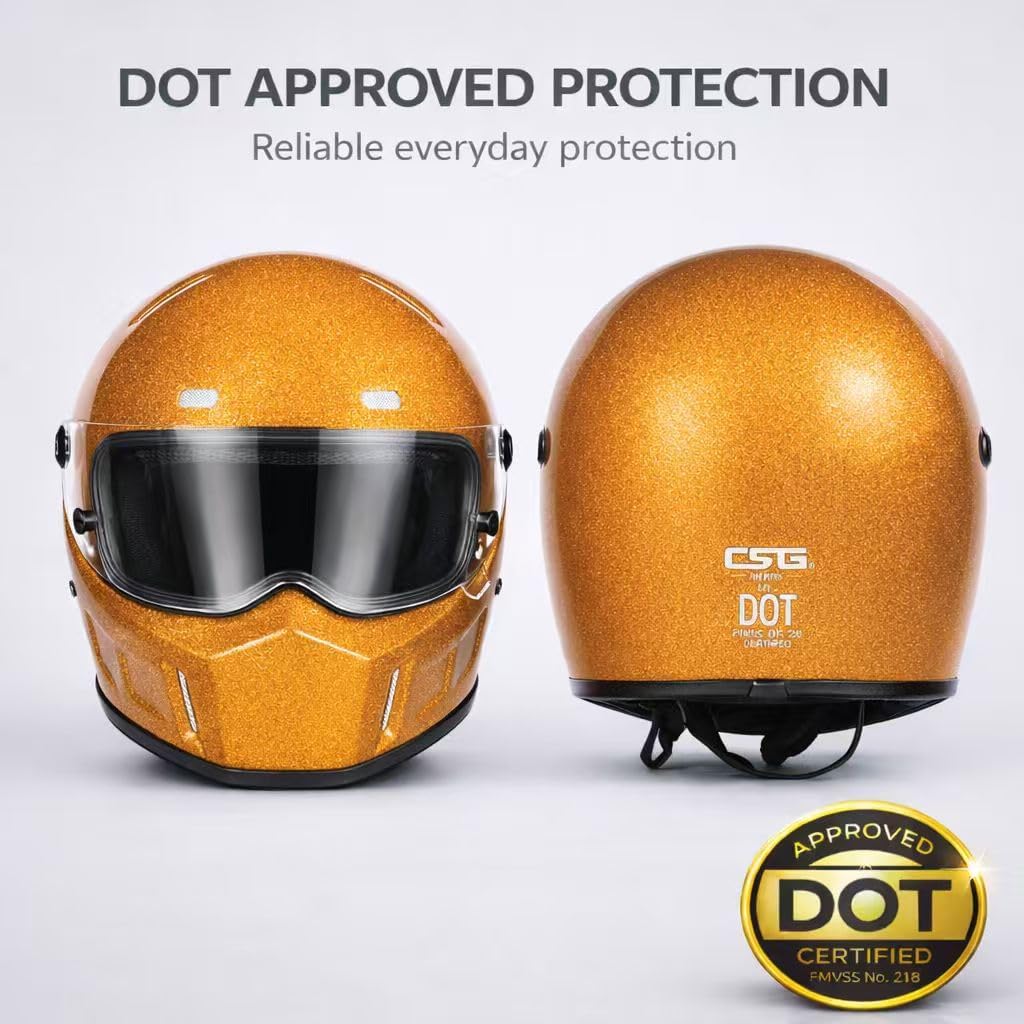 CRG Sports Retro Full Face Motorcycle Helmet, DOT Approved Fiberglass Street Bike Helmet with Clear Visor, Lightweight Cafe Racer Cruiser Motorcycle Helmet