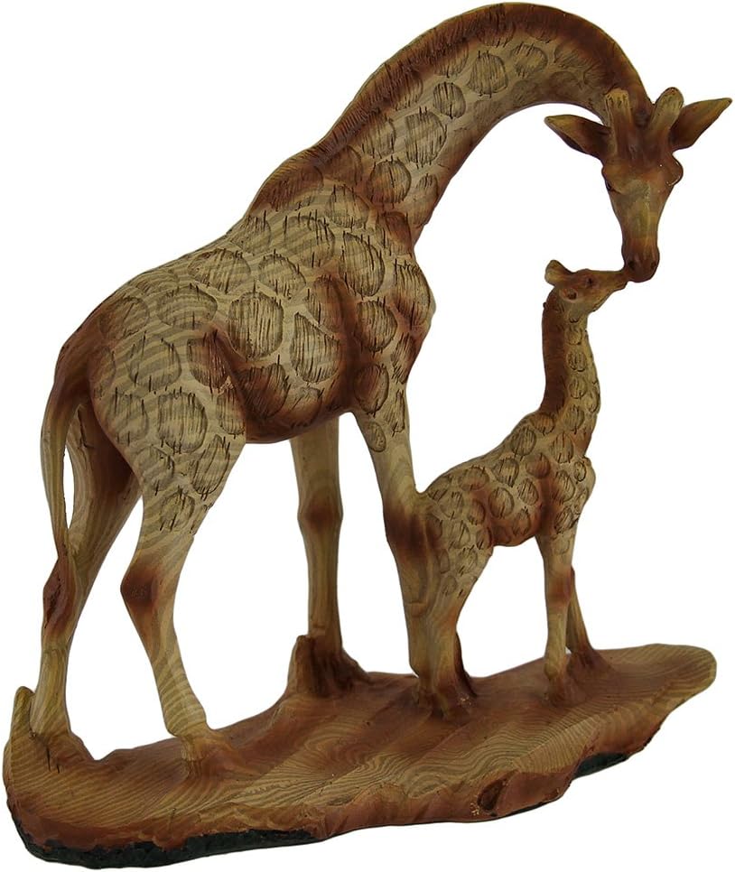 Zeckos Giraffe and Calf Statue, 7 Inch Faux Wood Mother and Baby Decor | Hand-Painted Beige Finish, Carved Woodgrain Texture, Resin Construction