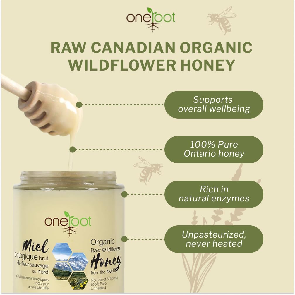 Oneroot 100% Organic Canadian Wildflower Honey - 17.6 Oz/1.1 Lbs, Unheated & Creamed - Nutrient-Rich