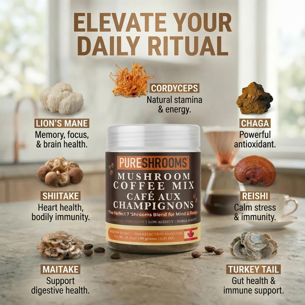 PureShrooms Mind & Body Mushroom Coffee - Instant Colombian Arabica with Organic Lion’s Mane, Reishi & Cordyceps - Low Acidity Nootropic Superfood Beverage for Focus & Vitality, 35 Servings/70g