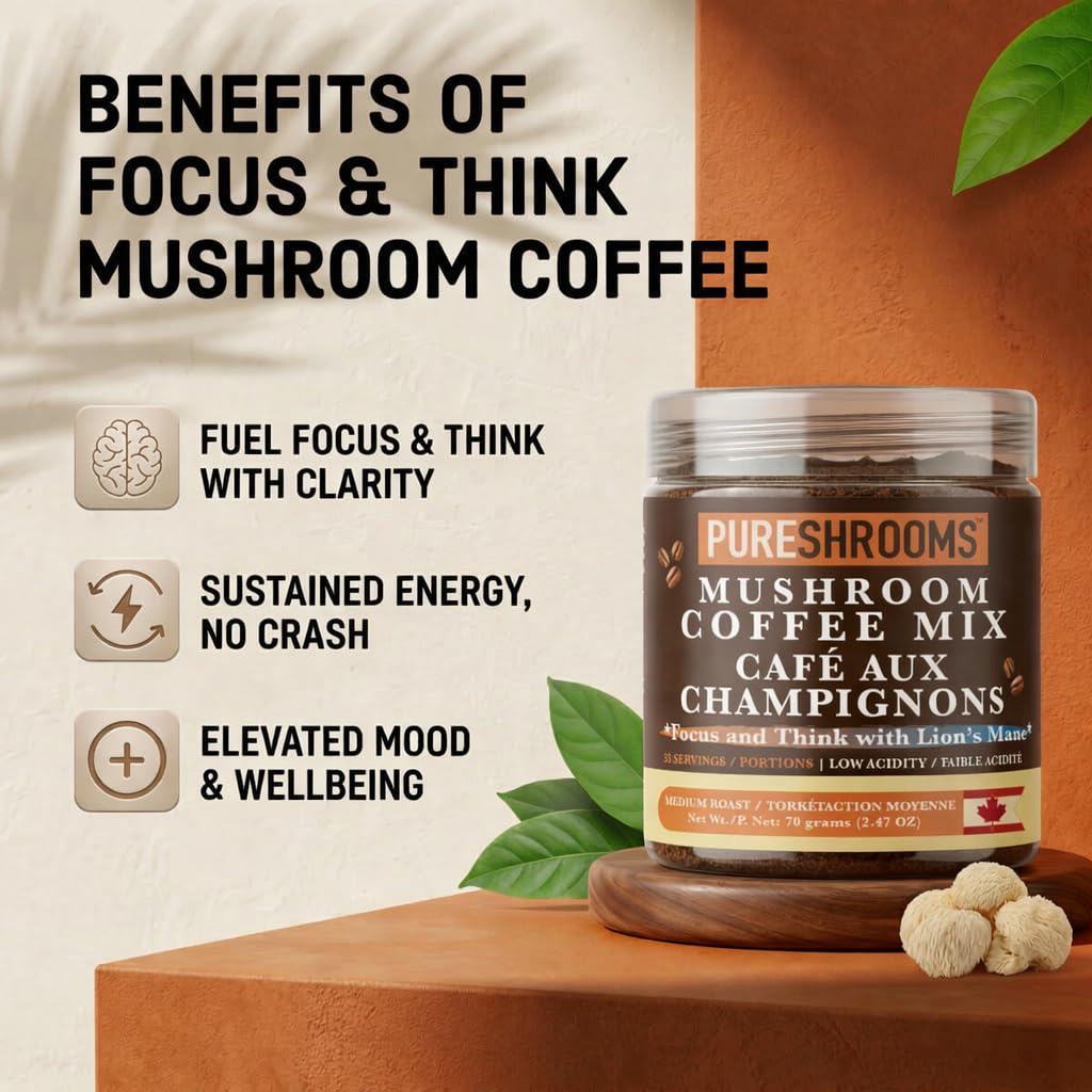 PureShrooms Mind & Body Mushroom Coffee - Instant Colombian Arabica with Organic Lion’s Mane, Reishi & Cordyceps - Low Acidity Nootropic Superfood Beverage for Focus & Vitality, 35 Servings/70g