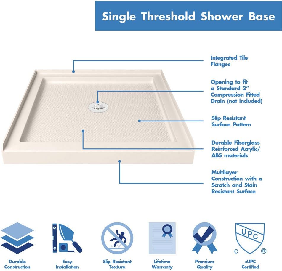 DreamLine SlimLine 32 in. D x 32 in. W x 2 3/4 in. H Center Drain Single Threshold Shower Base in White, DLT-1132320
