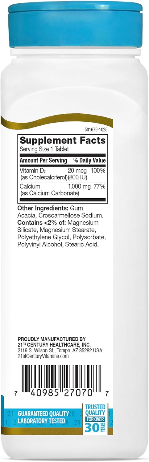 21st Century Calcium 1000mg Plus D3 Tablets, Bone Health, 90 Count | Calcium 1000 mg with Vitamin D3 20 mcg (800 IU), Bone Strength & Density Support, Daily Supplement for Men & Women