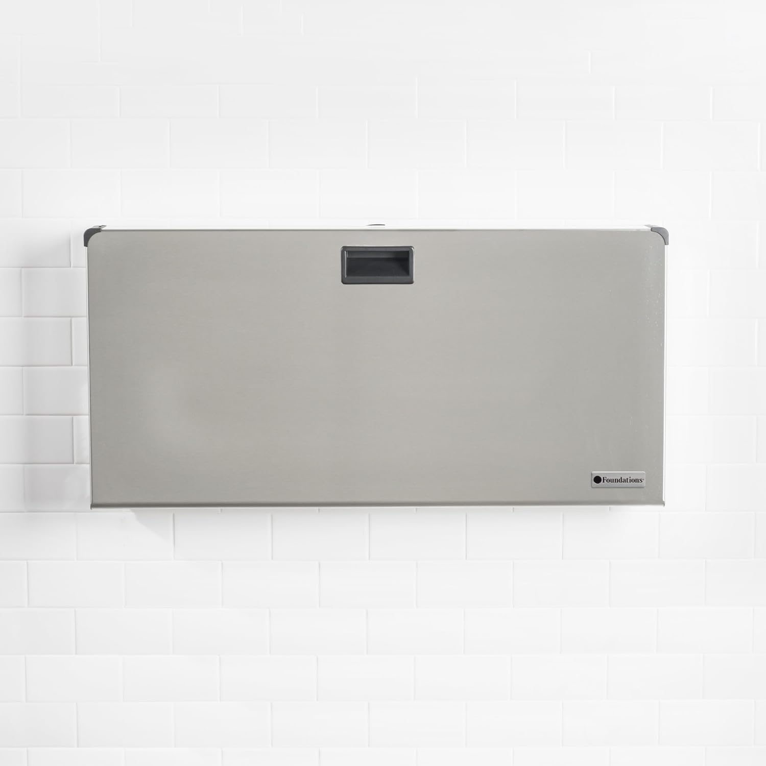 Foundations Stainless Steel Frameless Horizontal Baby Diaper Changing Station, Wall Mounted, Built in Liner Dispenser, Dual Bag Hooks (5410339)
