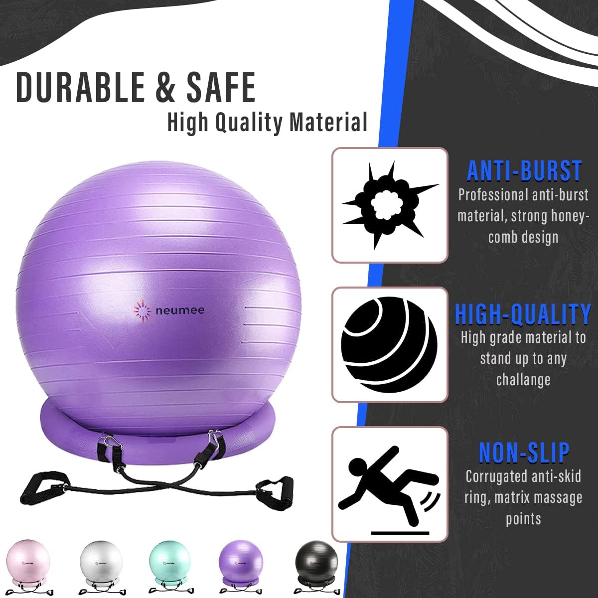 Yoga Ball Chair with 65cm Exercise Ball & 2 Resistance Bands, Stability Base for Home Office, Yoga, Pilates & Fitness, Balance Ball for Posture