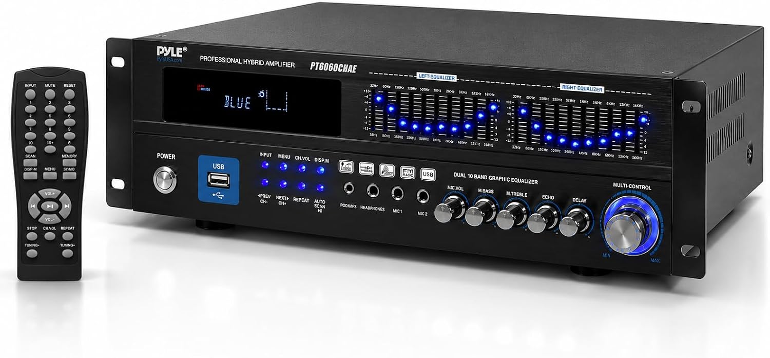 Pyle Bluetooth Hybrid Home Amplifier - 6-Channel 2000W Rack Mount Power Amplifier Receiver w/ Radio - Dual 10 Band EQ, Karaoke Microphone x2, USB, RCA