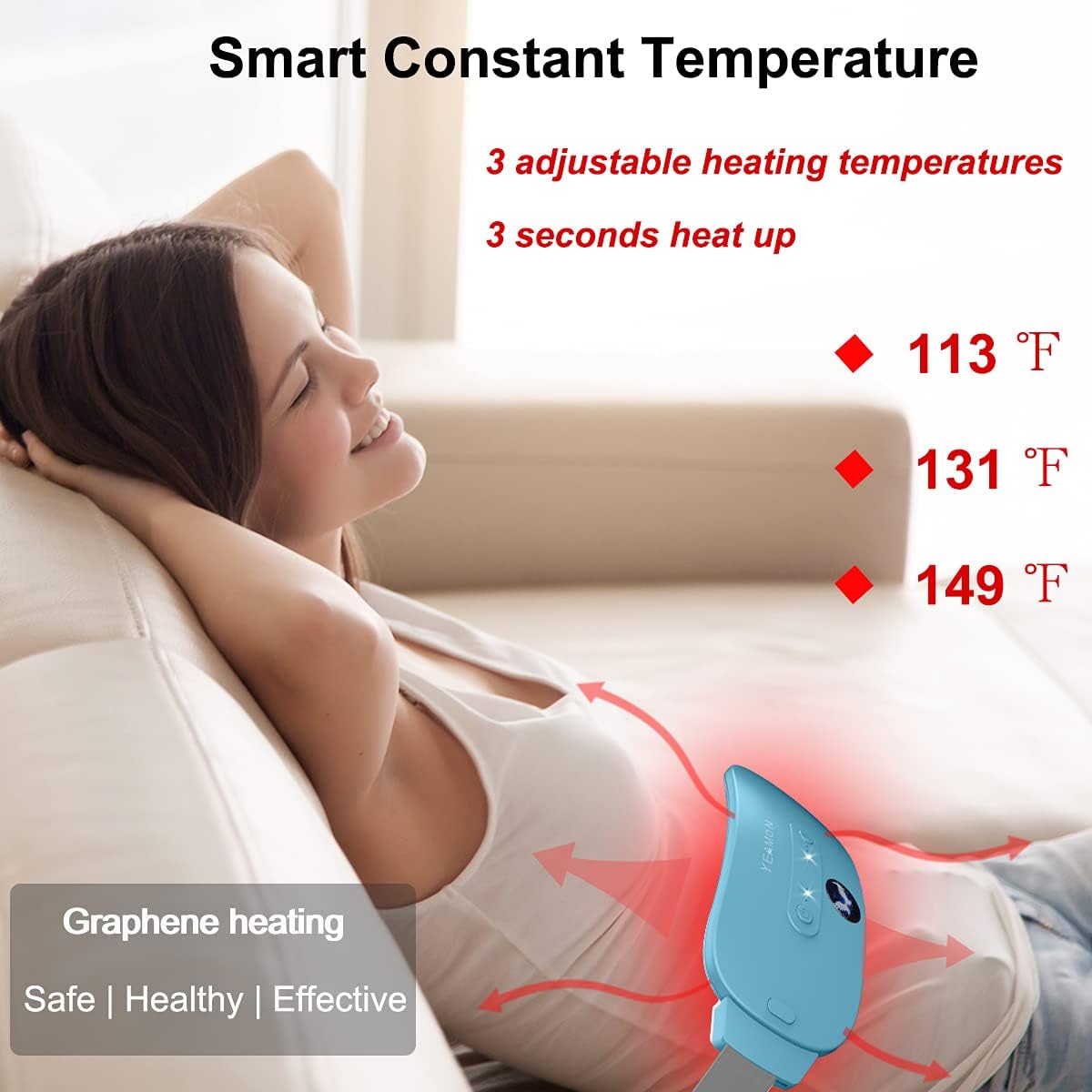 Portable Cordless Heating Pad, Electric Waist Belt Device, Fast Heating Pad with 3 Heat Levels and 3 Massage Modes, Back or Belly Heating Pad