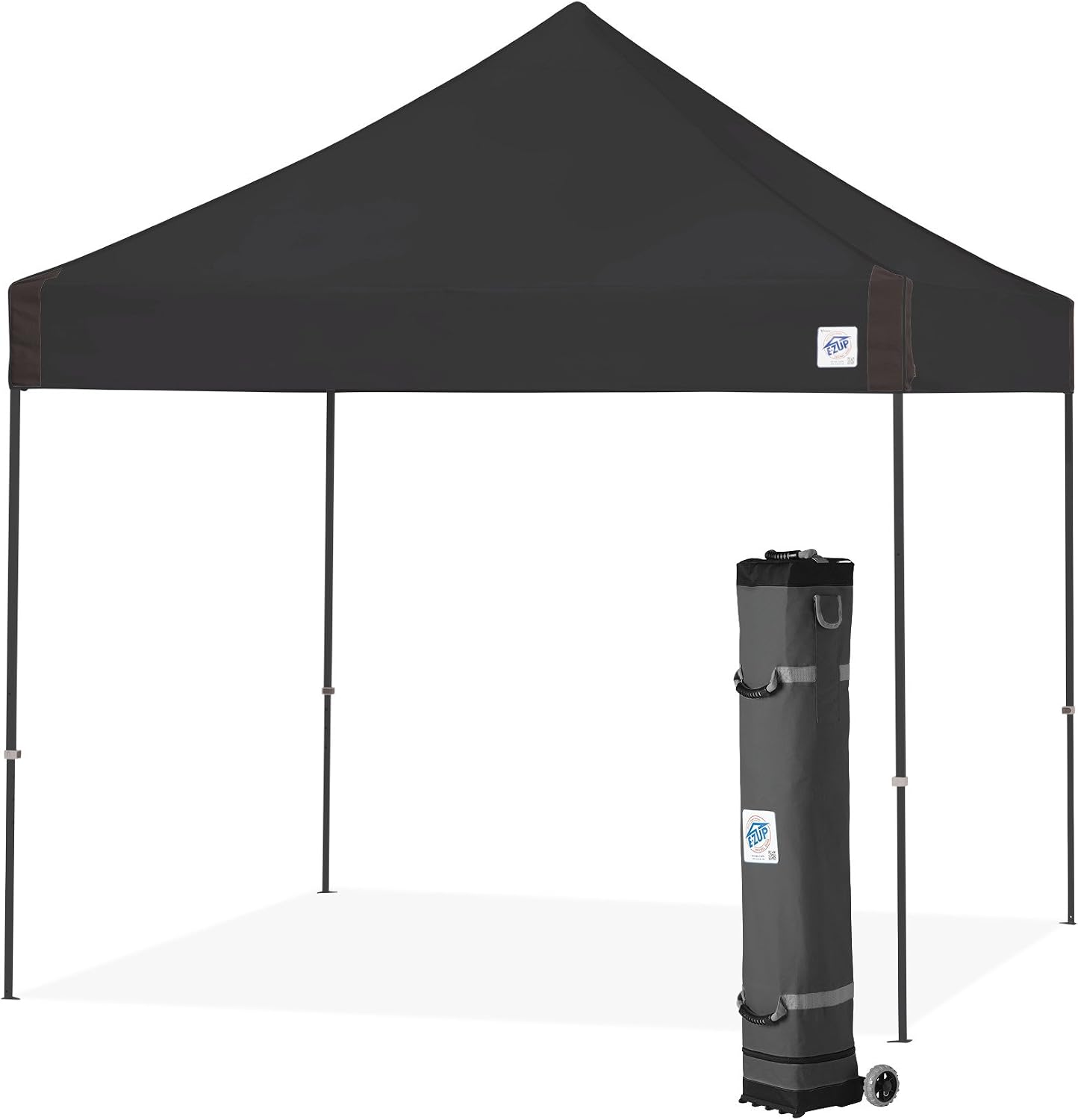 E-Z UP Vantage Instant Shelter Canopy, 10' x 10', Steel Gray Powder-Coated Steel Frame with Wide-Trax Roller Bag & 4 Piece Spike Set, Black
