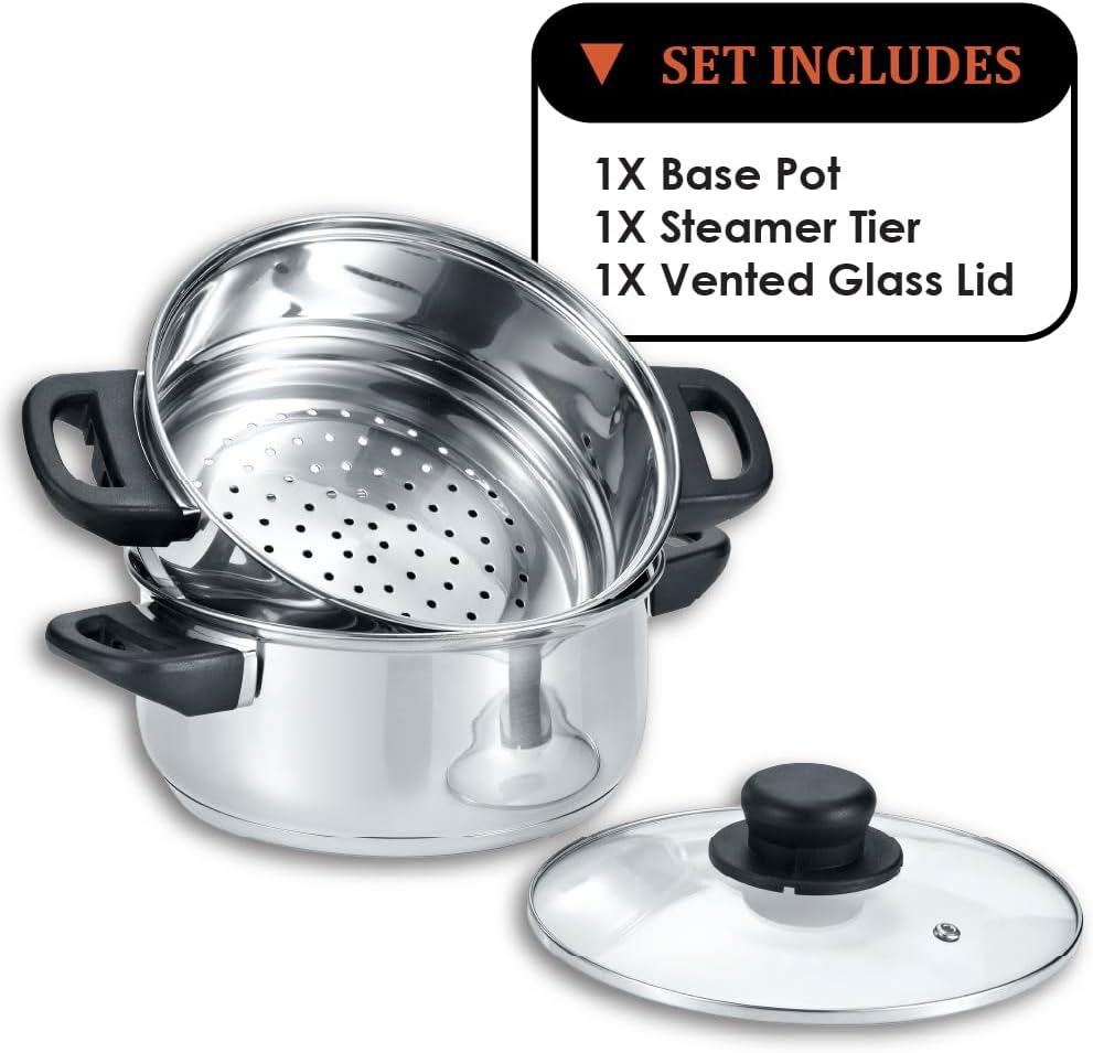 CONCORD 3 Quart Stainless Steel 3 Piece Steamer Cookware Set. Features 2 Quart Veggie Steamer and 3 Quart Cooking Pot with tempered glass lid.