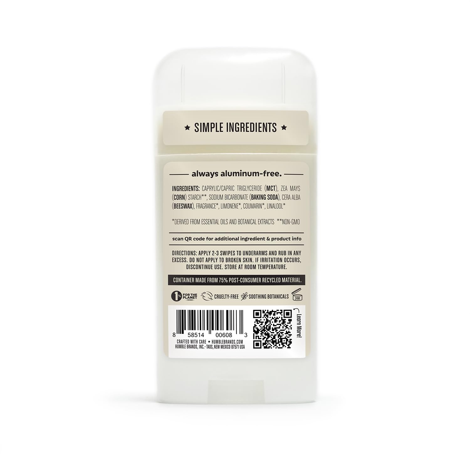 Humble Aluminum-Free Deodorant, Simply Unscented - 1 Pack | Baking Soda-Free, Clean, Fresh, Natural, Essential Oils, Sensitive Skin, Long-Lasting Odor Control, Cruelty-Free, Men & Women