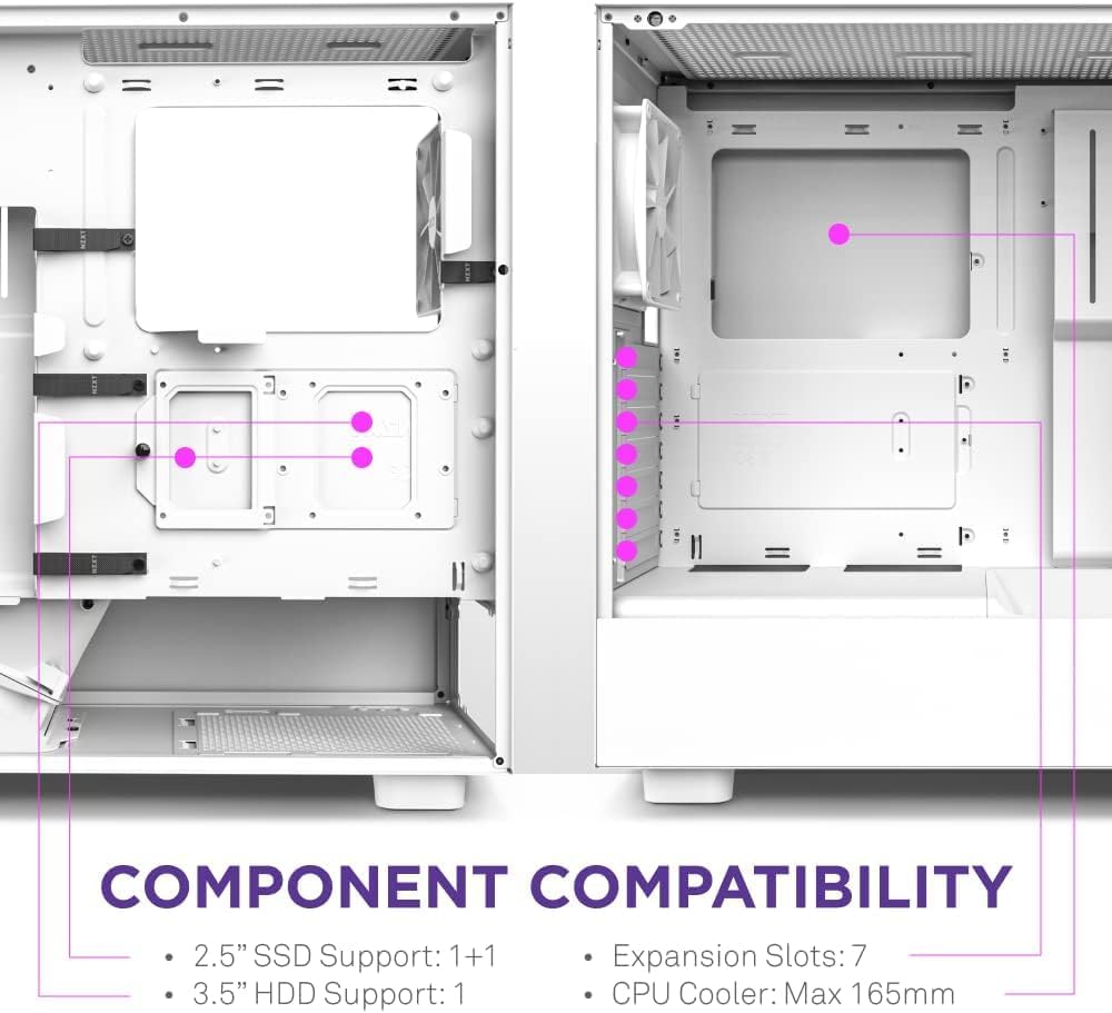 NZXT H5 Flow RGB - Compact ATX Mid-Tower PC Case - White | Compact mid-tower with included F360 RGB Core fans, 360mm radiator support, tempered glass. CAM-ready RGB out of the box.