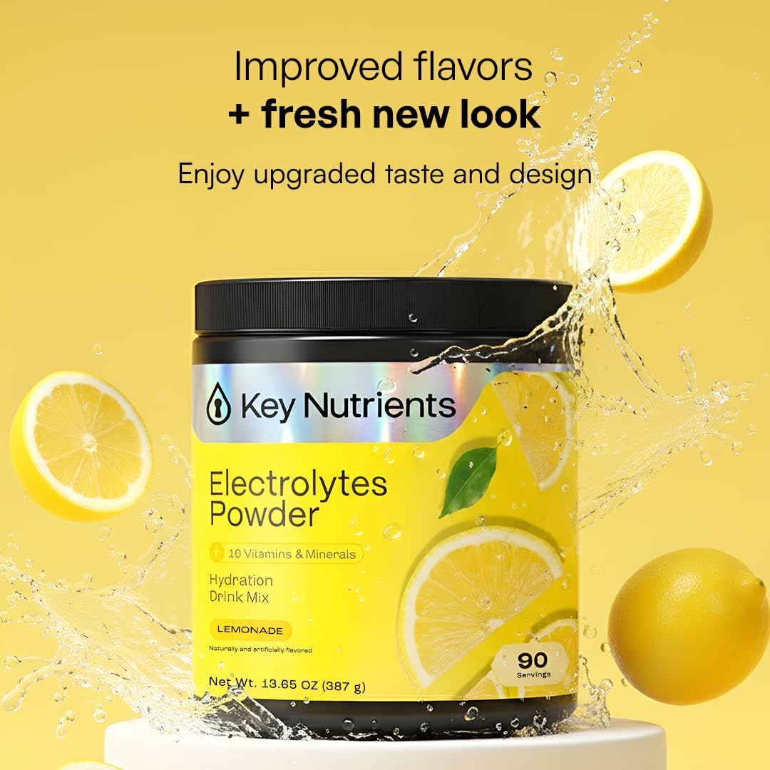 KEY NUTRIENTS Potassium Multivitamin Electrolytes Powder, Lemonade, 90 Serv | Multivitamin Electrolytes Powder, Refreshing Lemonade, Sugar Free, Sodium & Potassium Supplement, No Calories, Made in USA