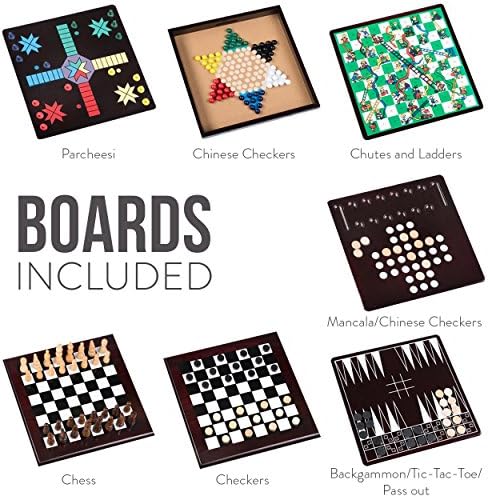 Board Game Set - Deluxe 15 in 1 Tabletop Wood-accented Game Center with Storage Drawer (Checkers, Chess, Chinese Checkers, Parcheesi, TicTacToe