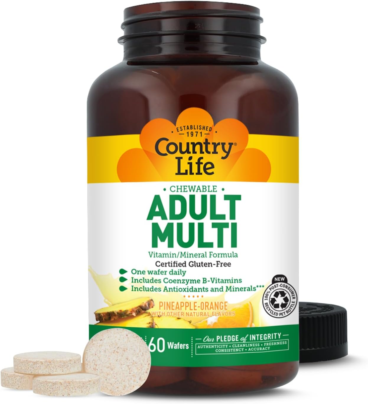 Country Life Adult Chewable Multivitamin, Pineapple Orange, 60 Wafers | 60 servings with coenzyme B vitamins