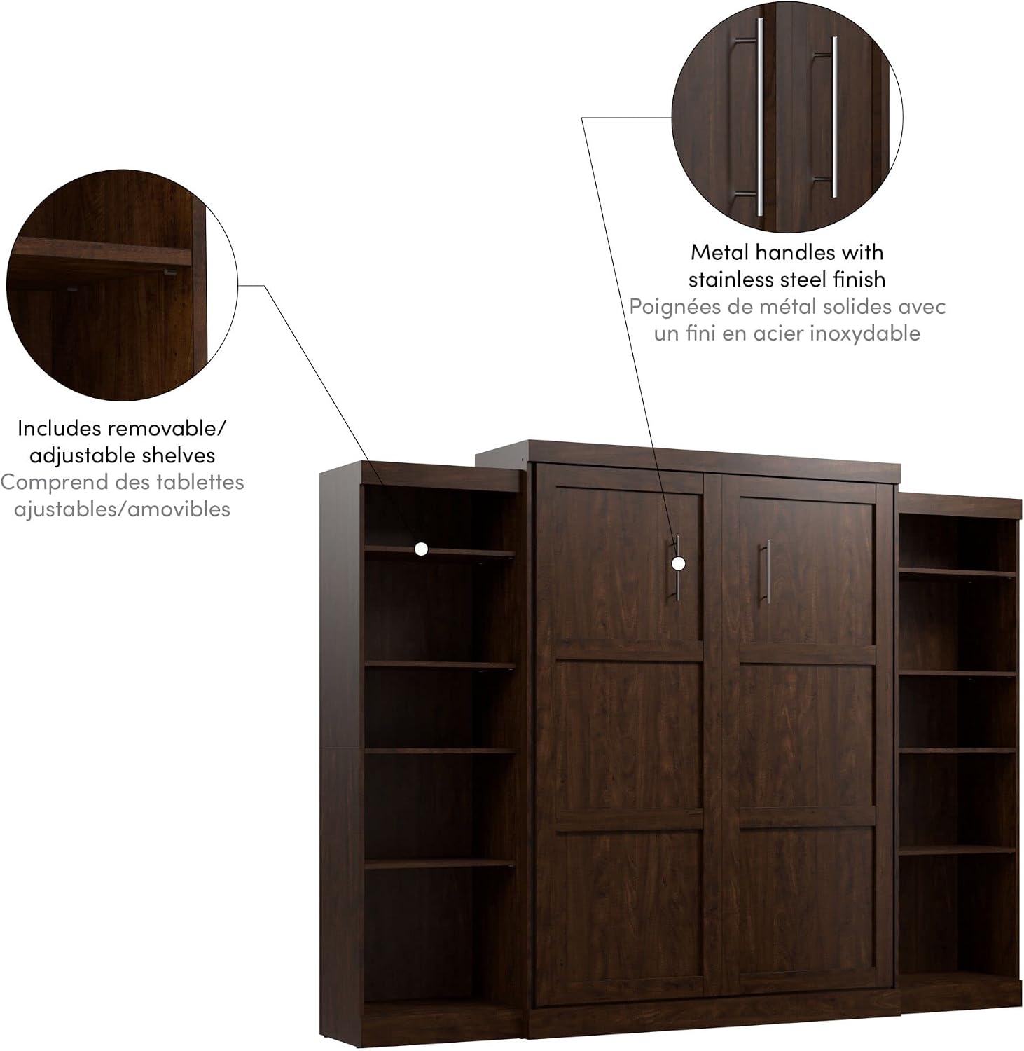 Bestar Pur Full Murphy Bed and 2 Shelving Units with Drawers, 109-inch Space-Saving Sleeping Arrangement in White | 2 Shelving Units with Drawers; supports up to 1000 lb; min. ceiling height 86.4 in.; dual piston mechanism; 10-year warranty