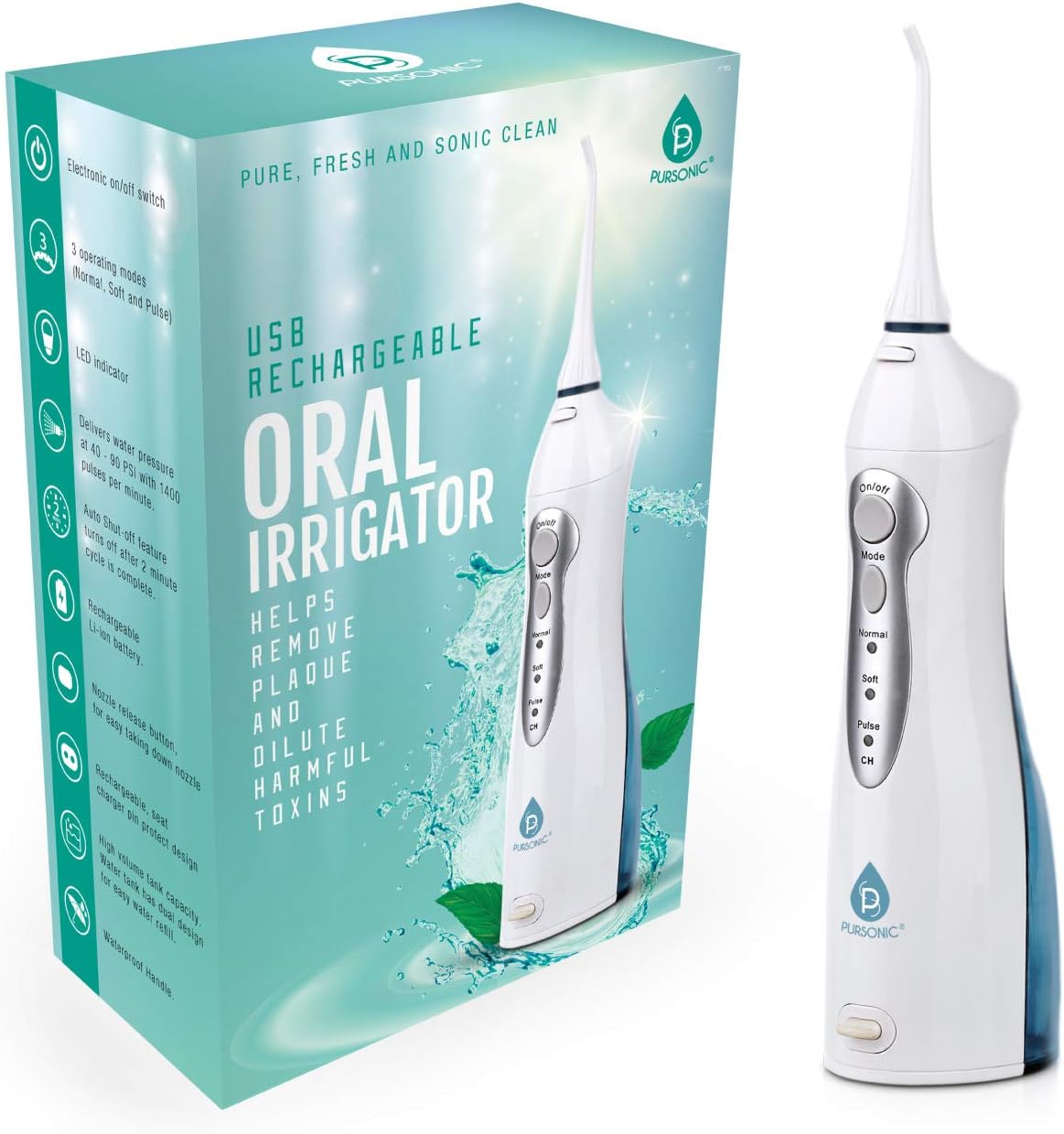 Pursonic USB Rechargeable Oral Irrigator Water Flosser, Helps Remove Plaque and Dilute Harmful Toxins.