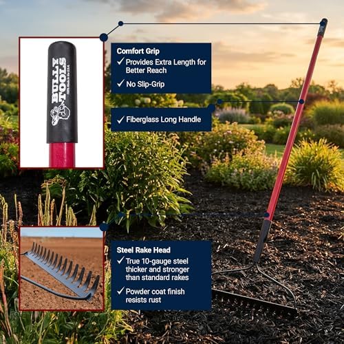 Bow Rake 16" Tines, Heavy Duty Steel Garden Rake for Leaves | 58" Fiberglass Long Handle, Rake For Lawn Debris, Mulch, Soil and Gravel