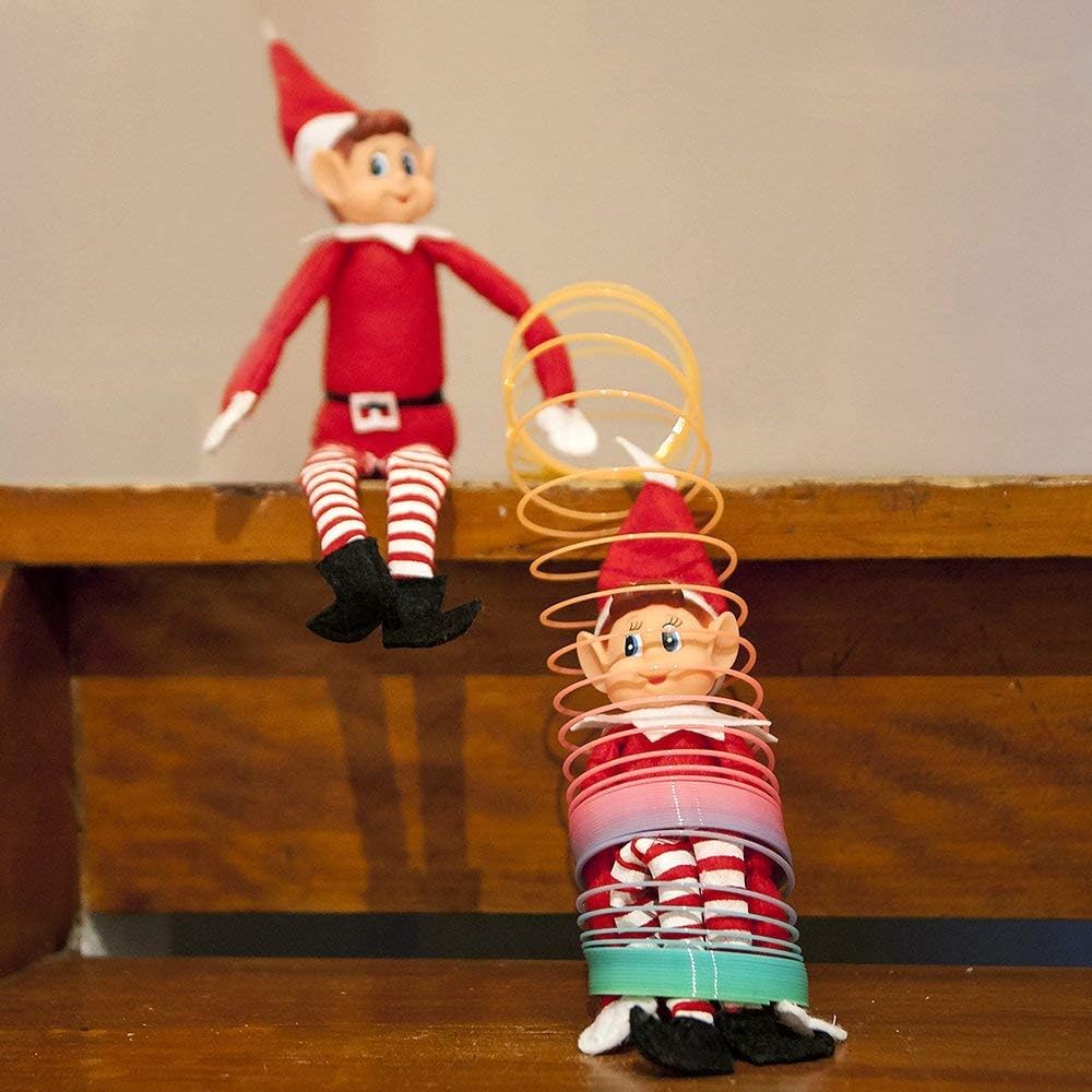 Glow Set of 2 Naughty Little Xmas Elves - Playful Elf Figure with Soft Body, Vinyl Face, Hook and Loop Grip Elves Behavin’ Badly Christmas Family Elfie Elvie Toy Boy Girl