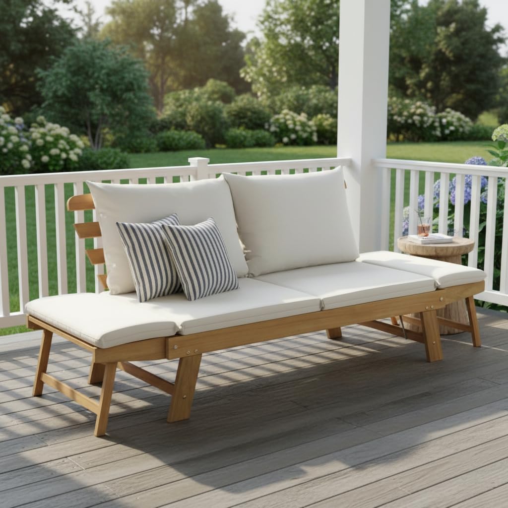 Tangkula Convertible Acacia Wood Patio Couch Sofa Bed with Adjustable Armrest, Outdoor Daybed with Cushion & Pillows