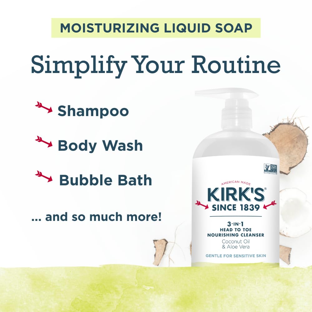 Kirk's Juniper & Lime​ 3-in-1 Nourishing Cleanser, Shampoo Body Wash Bubble Bath, Coconut Oil and Aloe Vera, Vegan Non-GMO, 32 Fl Oz