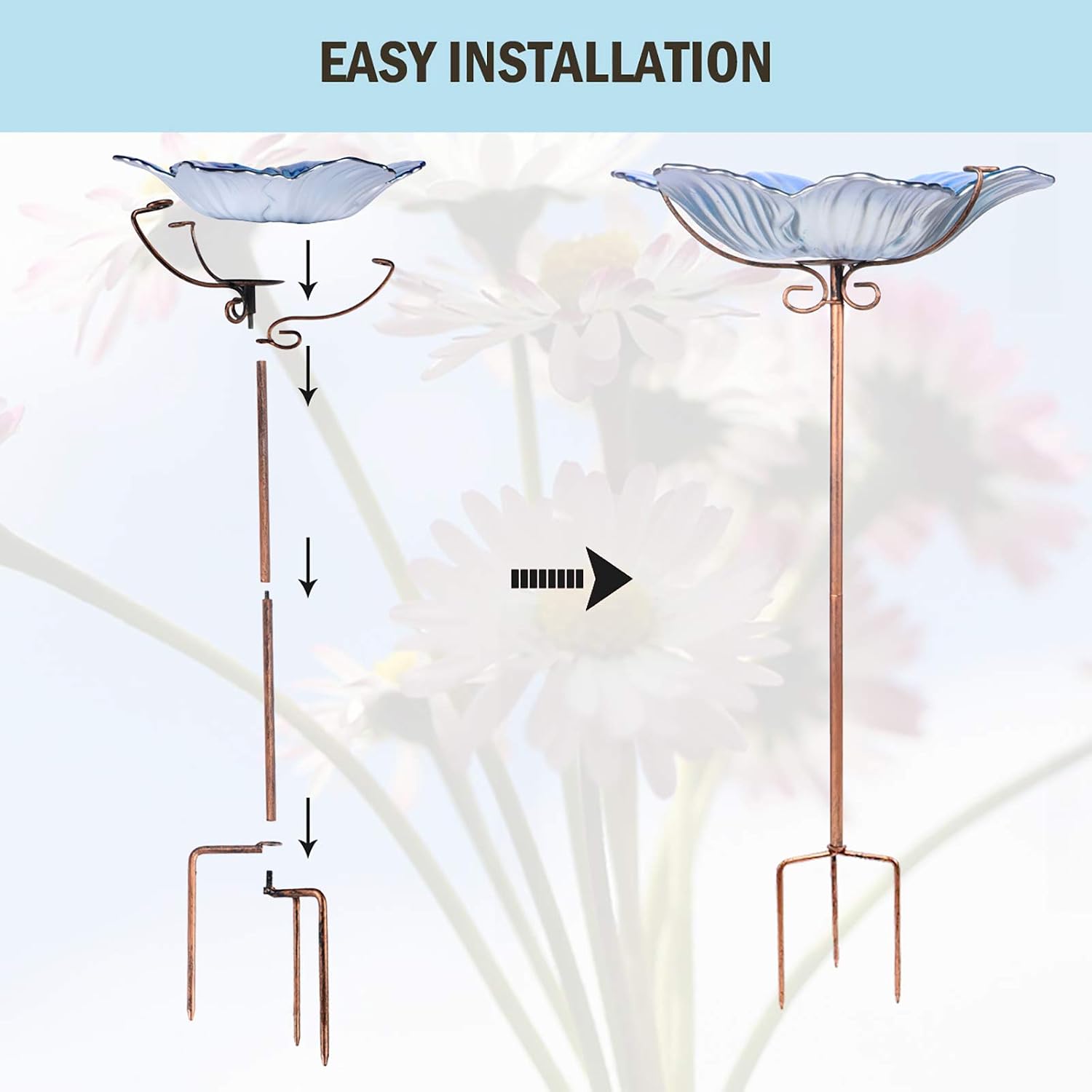 MUMTOP Glass Bird Bath Outdoor Birdfeeder Blue Flower Bowl with Metal Stake