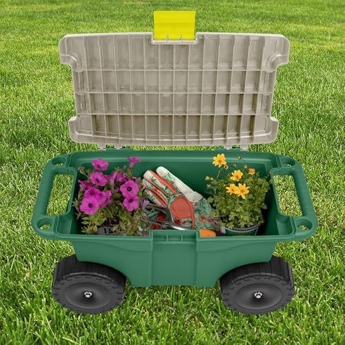Rolling Garden Cart with Seat - Plastic Storage with Bench and Interior Tool Tray - Gardening Stool for Weeding and Planting By Pure Garden (Green) | Plastic Storage with Bench and Interior Tool Tray - Gardening Stool for Weeding and Planting