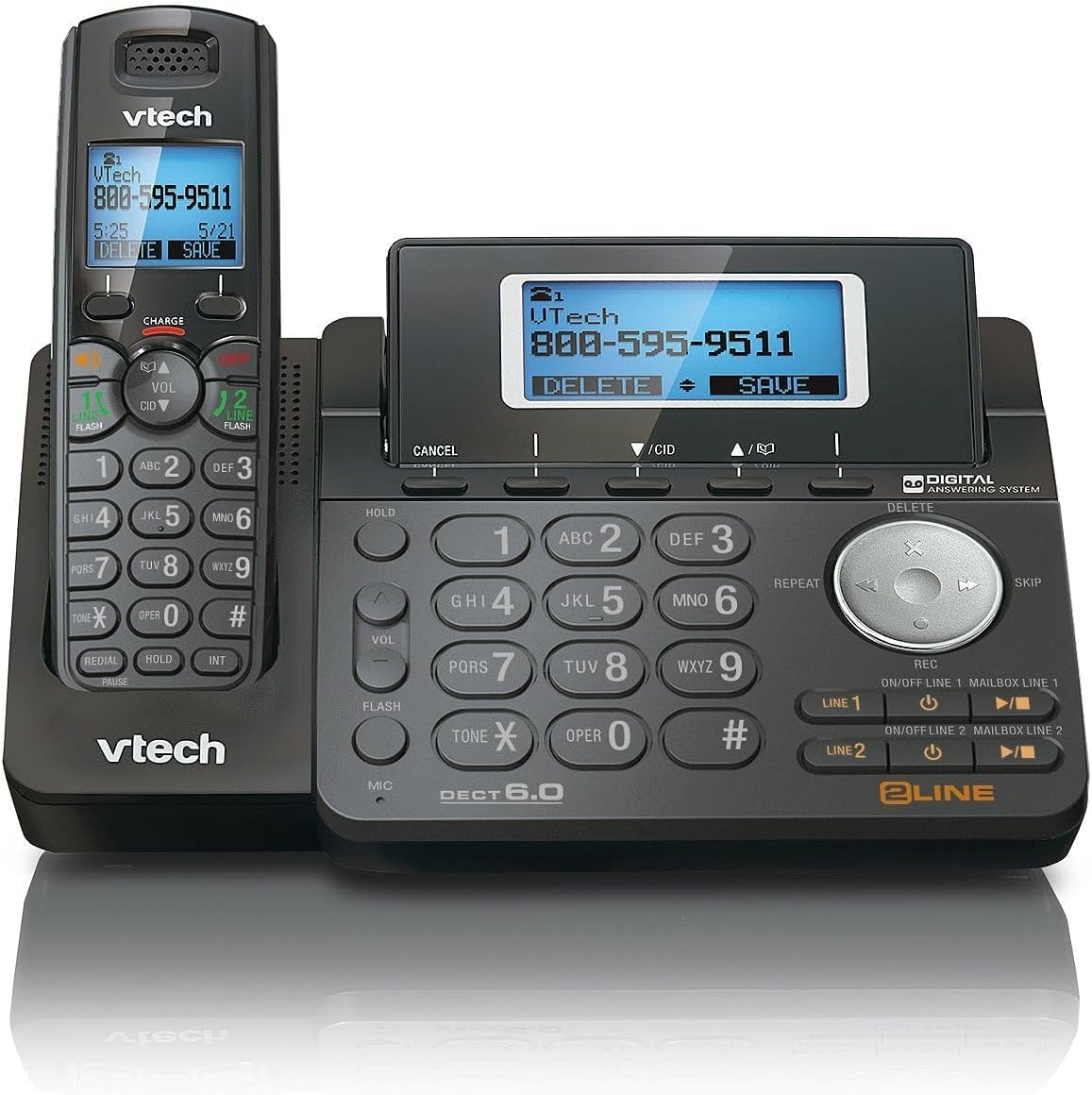 VTech DS6151-11 DECT 6.0 2-Line Expandable Cordless Phone + (3) DS6101-11 Accessory Handset, Black