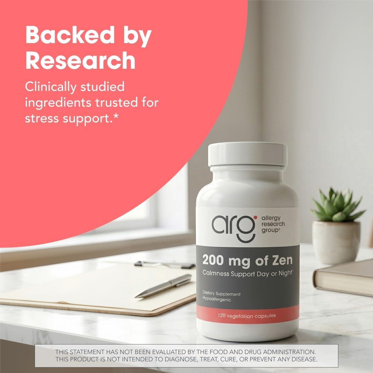 Allergy Research Group ARG 200 mg of Zen - Supports Calm and Stress Balance - Delivers 200 mg L-Theanine & 550 mg GABA per Serving - Vegetarian & Hypoallergenic - 60 Servings - 120 Capsules