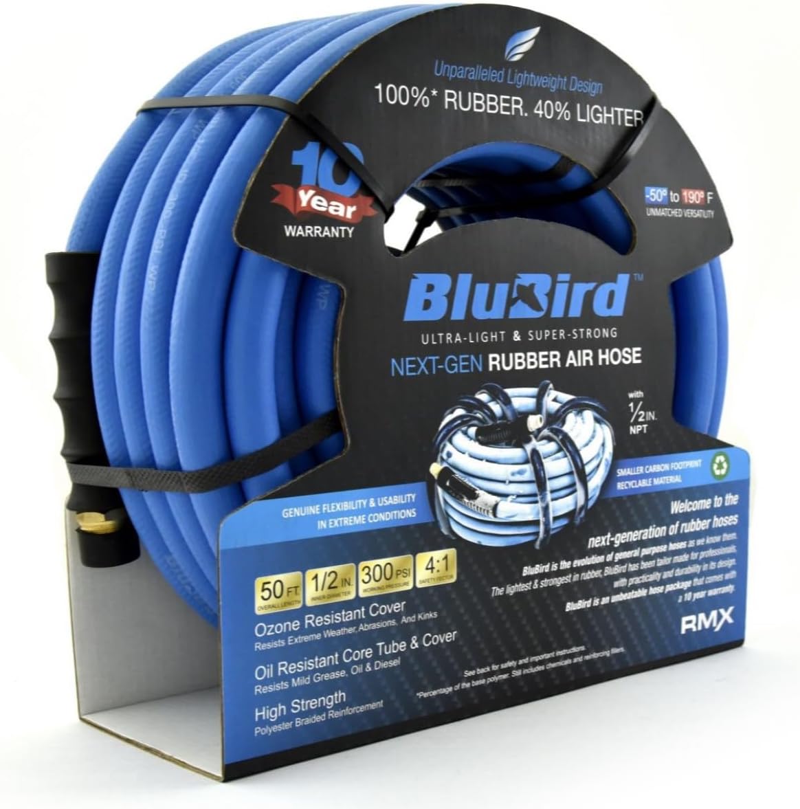 BLUBIRD BB1250 1/2" x 50' Rubber Air Hose, 100% Rubber, Lightest, Strongest, Most Flexible, 300 PSI, 50F to 190F Degrees, Ozone Resistant, High Strength Polyester Braided