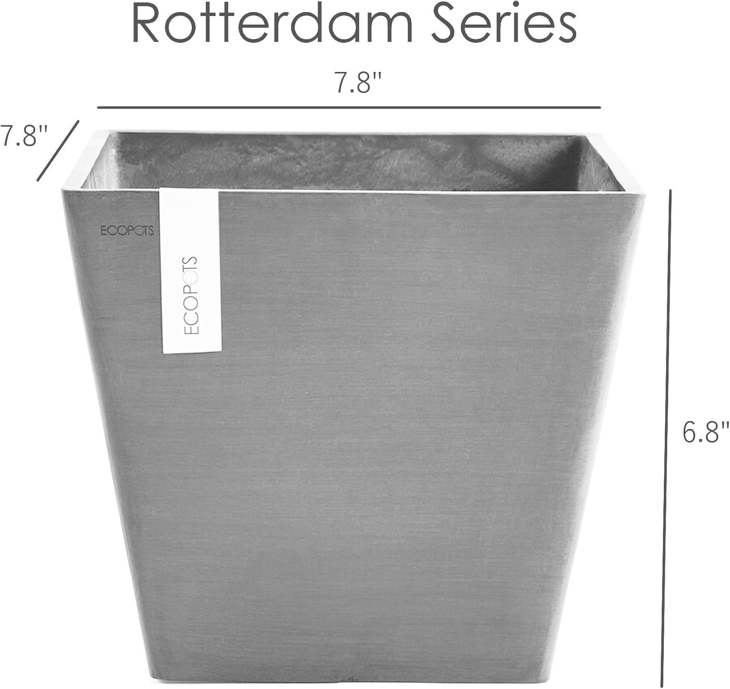 Ecopots Rotterdam Square Flower Planter, White Grey, 8" | Modern Style, Durable Recycled-Based Composite Construction, Weather and UV-Resistant, for Indoor/Outdoor Use
